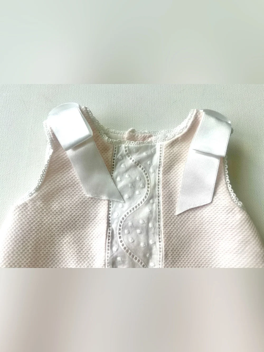 Dulces girl’s pique dress is classic Spanish-style heirloom garment.  Size 0-3M.